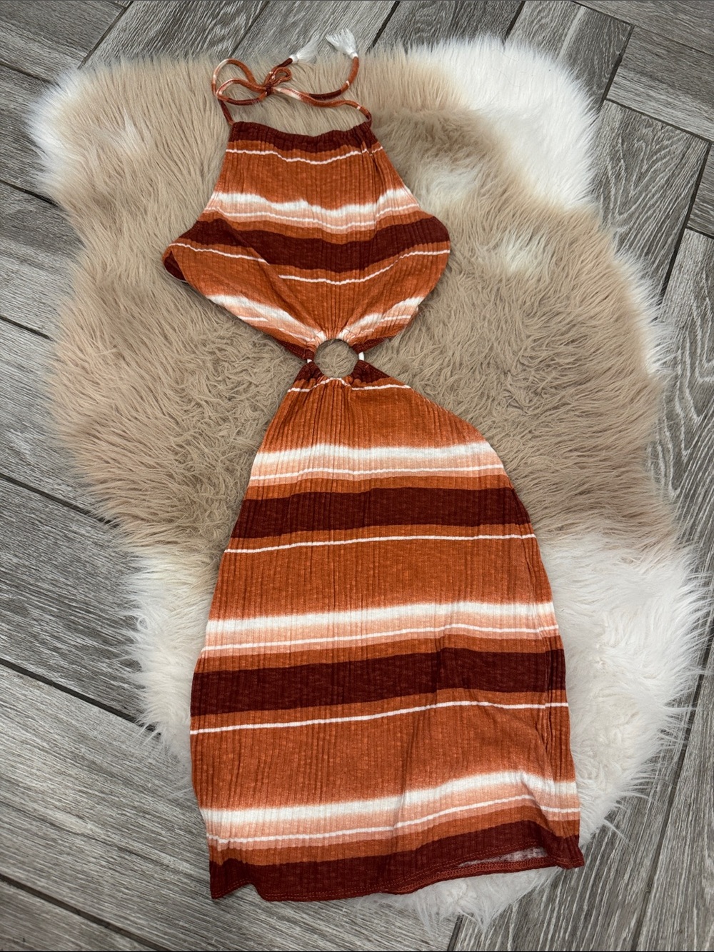 Rust & Cream Striped One-Piece Dress/coverup